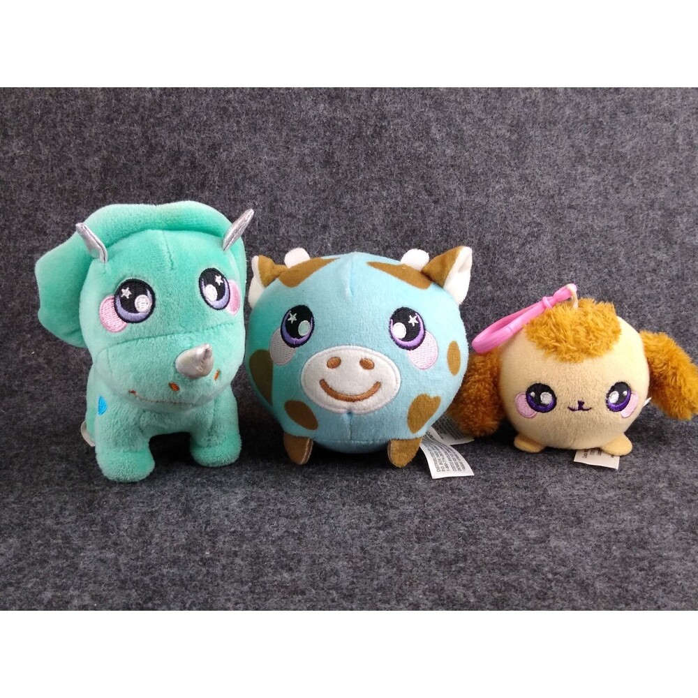 Lot of 3 Squeezamals Plush Blue Cow Triceratops Dinosaur & Happy Puppy Dog Clip